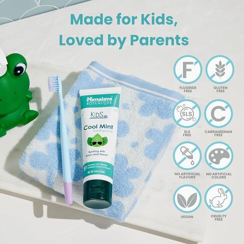 Himalaya Botanique Kids Toothpaste, Herbal, Cool Mint Flavor, Fights Plaque, Fluoride Free, Gentle, No Artificial Flavors or Colors, SLS Free, Gluten Free, Cruelty Free, Vegan, Foaming, 4 Oz, 2 Pack in Kuwait