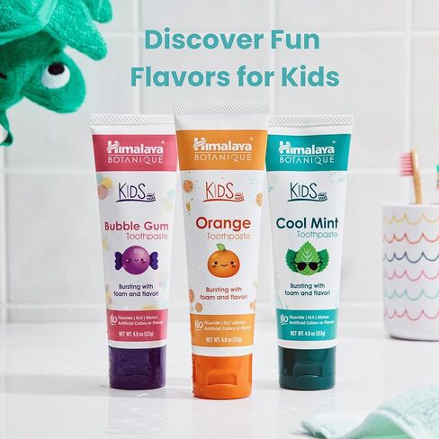 Himalaya Botanique Kids Toothpaste, Herbal, Cool Mint Flavor, Fights Plaque, Fluoride Free, Gentle, No Artificial Flavors or Colors, SLS Free, Gluten Free, Cruelty Free, Vegan, Foaming, 4 Oz, 2 Pack in Kuwait