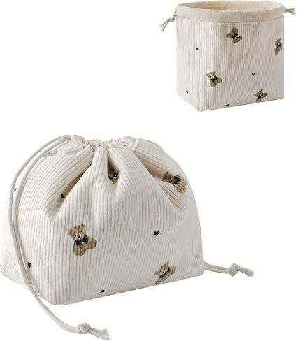 Aesthetic Corduroy Drawstring Makeup Bag, Cute Coquette Drawstring Cosmetic Bag with Canvas Lining, Bear Pattern Travel Makeup Organizer Case for Women Girls (02Beige Bear) in Saudi Arabia