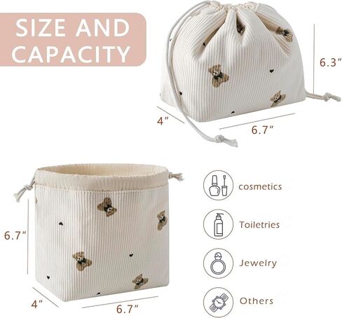 Aesthetic Corduroy Drawstring Makeup Bag, Cute Coquette Drawstring Cosmetic Bag with Canvas Lining, Bear Pattern Travel Makeup Organizer Case for Women Girls (02Beige Bear) in Saudi Arabia