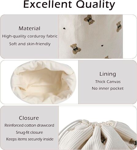 Aesthetic Corduroy Drawstring Makeup Bag, Cute Coquette Drawstring Cosmetic Bag with Canvas Lining, Bear Pattern Travel Makeup Organizer Case for Women Girls (02Beige Bear) in Saudi Arabia