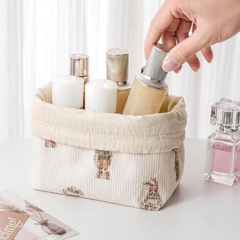 Aesthetic Corduroy Drawstring Makeup Bag, Cute Coquette Drawstring Cosmetic Bag with Canvas Lining, Bear Pattern Travel Makeup Organizer Case for Women Girls (02Beige Bear) in Saudi Arabia