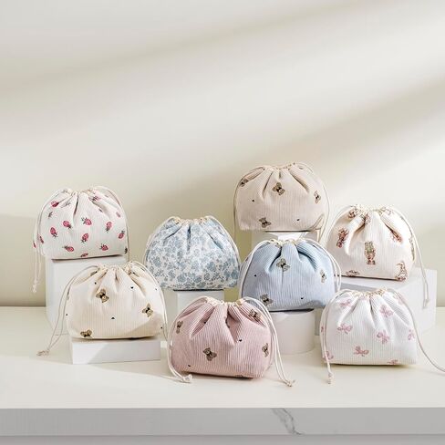 Aesthetic Corduroy Drawstring Makeup Bag, Cute Coquette Drawstring Cosmetic Bag with Canvas Lining, Bear Pattern Travel Makeup Organizer Case for Women Girls (02Beige Bear) in Saudi Arabia