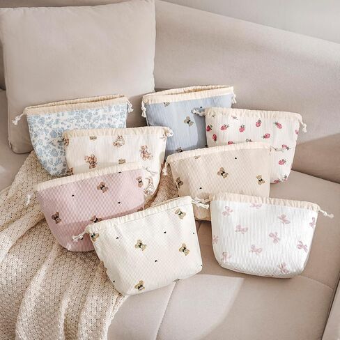 Aesthetic Corduroy Drawstring Makeup Bag, Cute Coquette Drawstring Cosmetic Bag with Canvas Lining, Bear Pattern Travel Makeup Organizer Case for Women Girls (02Beige Bear) in Saudi Arabia