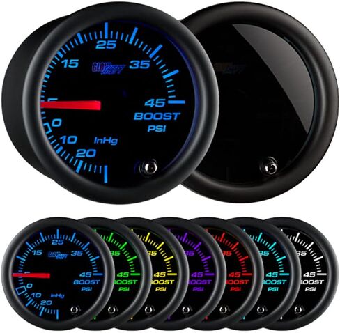 GlowShift Tinted 7 Color 45 PSI Turbo Boost/مجموعة قياس الفراغ - تتضمن خرطوم ميكانيكي وتركيب T - قرص أسود - عدسة مدخنة - للسيارات - 2-1/16 بوصة 52 مم in Saudi Arabia