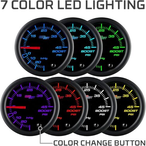 GlowShift Tinted 7 Color 45 PSI Turbo Boost/مجموعة قياس الفراغ - تتضمن خرطوم ميكانيكي وتركيب T - قرص أسود - عدسة مدخنة - للسيارات - 2-1/16 بوصة 52 مم in Saudi Arabia