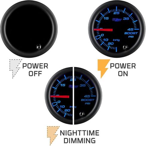 GlowShift Tinted 7 Color 45 PSI Turbo Boost/مجموعة قياس الفراغ - تتضمن خرطوم ميكانيكي وتركيب T - قرص أسود - عدسة مدخنة - للسيارات - 2-1/16 بوصة 52 مم in Saudi Arabia