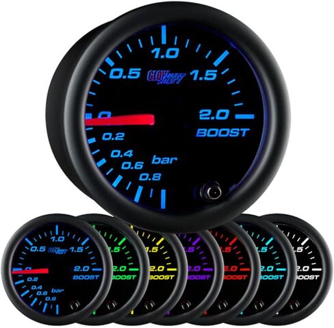 GlowShift Black 7 Color 2.0 BAR Boost/Vacuum Gauge Kit - تتضمن خرطوم ميكانيكي وتركيبات - قرص أسود - عدسة شفافة - للسيارة والشاحنات - 2-1/16 بوصة 52 مم in Saudi Arabia