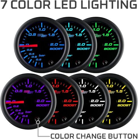 GlowShift Black 7 Color 2.0 BAR Boost/Vacuum Gauge Kit - تتضمن خرطوم ميكانيكي وتركيبات - قرص أسود - عدسة شفافة - للسيارة والشاحنات - 2-1/16 بوصة 52 مم in Saudi Arabia