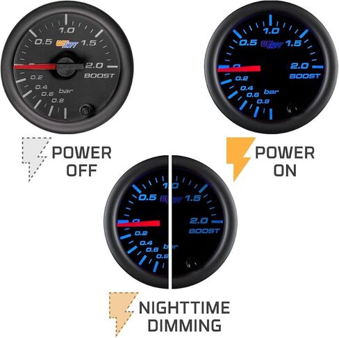 GlowShift Black 7 Color 2.0 BAR Boost/Vacuum Gauge Kit - تتضمن خرطوم ميكانيكي وتركيبات - قرص أسود - عدسة شفافة - للسيارة والشاحنات - 2-1/16 بوصة 52 مم in Saudi Arabia