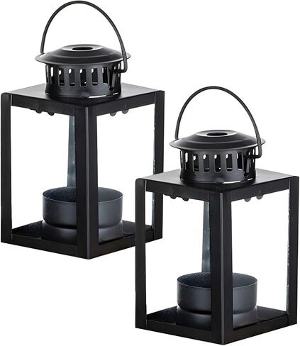 2 Pcs Black Lantern Candle Holders, Garden Candles Lanterns, Rustic Iron Frame with Glass Panels, Square Design, Hanging Lanterns for Indoor Outdoor Decoration in Saudi Arabia