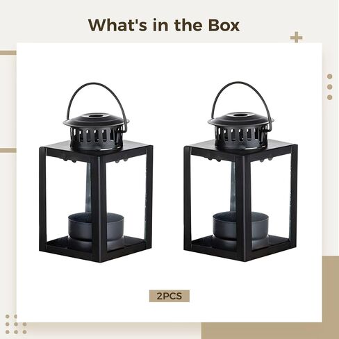 2 Pcs Black Lantern Candle Holders, Garden Candles Lanterns, Rustic Iron Frame with Glass Panels, Square Design, Hanging Lanterns for Indoor Outdoor Decoration in Saudi Arabia