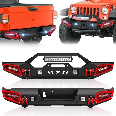 مجموعة ممتص الصدمات الأمامي والخلفي من SUORTO متوافقة مع مصد الالتقاط 2020-2024Jeep Gladiator JT Rock Crawler مع لوحة ونش، وفتحات استشعار، ودرع قابل للطلاء، ومصابيح LED وحلقات D (2/4 أبواب، أسود) in Saudi Arabia