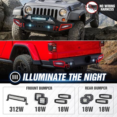 مجموعة ممتص الصدمات الأمامي والخلفي من SUORTO متوافقة مع مصد الالتقاط 2020-2024Jeep Gladiator JT Rock Crawler مع لوحة ونش، وفتحات استشعار، ودرع قابل للطلاء، ومصابيح LED وحلقات D (2/4 أبواب، أسود) in Saudi Arabia