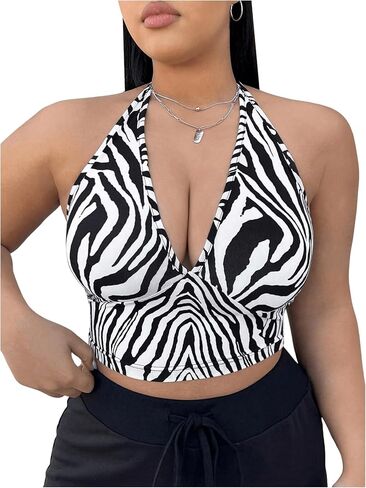 WDIRARA Women's Plus Size Zebra Print Halter Crop Top Sexy Backless Sleeveless Tie Back Camisole Tops in Saudi Arabia