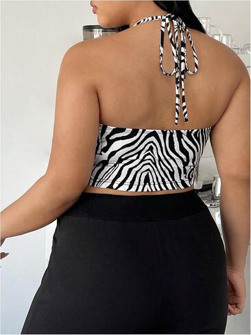 WDIRARA Women's Plus Size Zebra Print Halter Crop Top Sexy Backless Sleeveless Tie Back Camisole Tops in Saudi Arabia