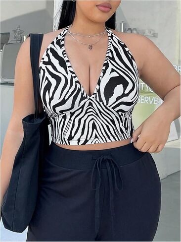 WDIRARA Women's Plus Size Zebra Print Halter Crop Top Sexy Backless Sleeveless Tie Back Camisole Tops in Saudi Arabia