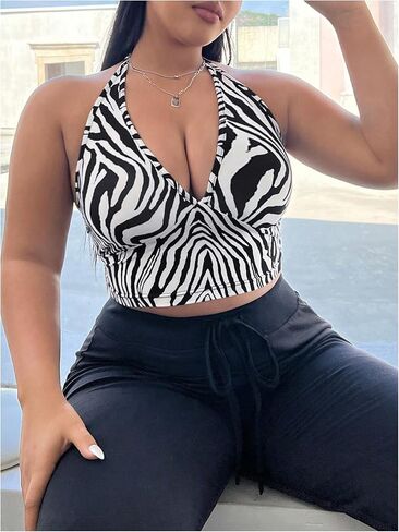 WDIRARA Women's Plus Size Zebra Print Halter Crop Top Sexy Backless Sleeveless Tie Back Camisole Tops in Saudi Arabia