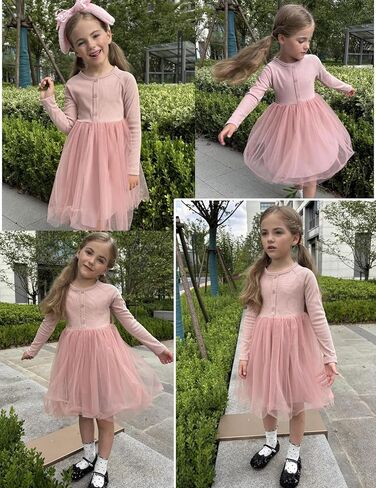 Arshiner Toddler Girls Tutu Dress Long Sleeve Fall Winter Button Front Party Tulle Dresses 2-8Y in Kuwait