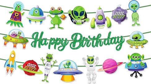 3 PCS UFO Happy Birthday Paper Banners Green Alien Banner Hanging Colorful Flags Party Decorations in Saudi Arabia