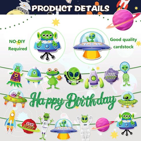 3 PCS UFO Happy Birthday Paper Banners Green Alien Banner Hanging Colorful Flags Party Decorations in Saudi Arabia