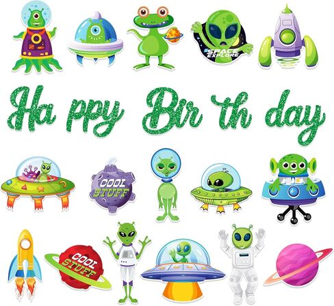 3 PCS UFO Happy Birthday Paper Banners Green Alien Banner Hanging Colorful Flags Party Decorations in Saudi Arabia
