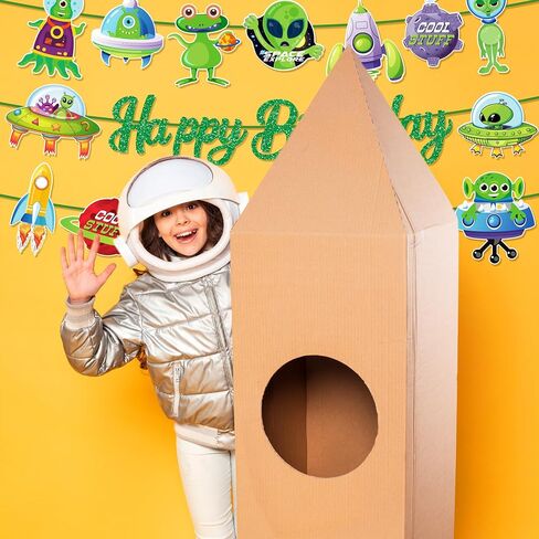 3 PCS UFO Happy Birthday Paper Banners Green Alien Banner Hanging Colorful Flags Party Decorations in Saudi Arabia