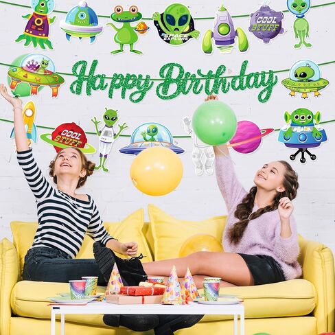 3 PCS UFO Happy Birthday Paper Banners Green Alien Banner Hanging Colorful Flags Party Decorations in Saudi Arabia