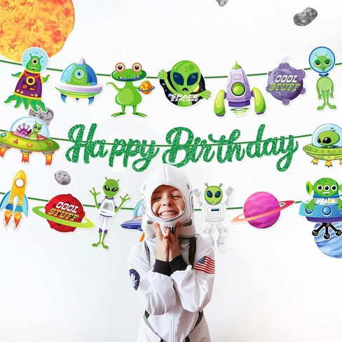 3 PCS UFO Happy Birthday Paper Banners Green Alien Banner Hanging Colorful Flags Party Decorations in Saudi Arabia