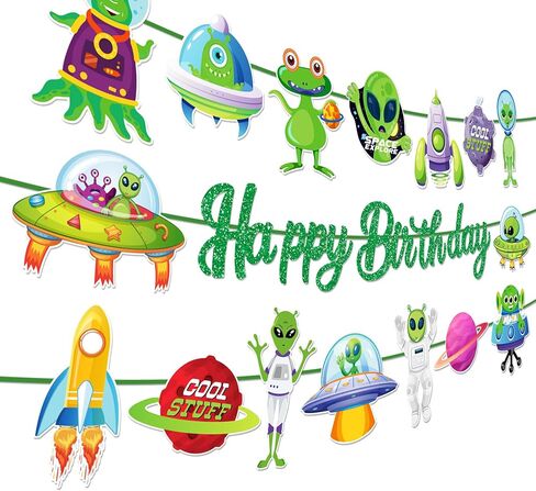 3 PCS UFO Happy Birthday Paper Banners Green Alien Banner Hanging Colorful Flags Party Decorations in Saudi Arabia