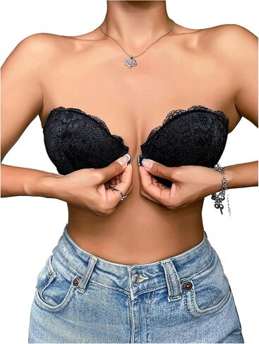 GORGLITTER Women's Strapless Bra Floral Lace Push Up Front Closure Bras Blackless Bandeau Underwire Bralettes in Saudi Arabia