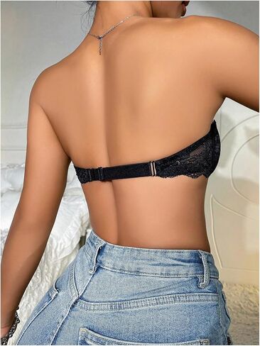 GORGLITTER Women's Strapless Bra Floral Lace Push Up Front Closure Bras Blackless Bandeau Underwire Bralettes in Saudi Arabia