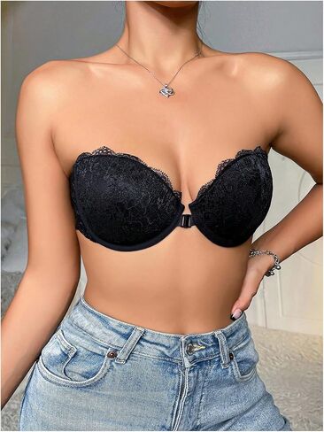 GORGLITTER Women's Strapless Bra Floral Lace Push Up Front Closure Bras Blackless Bandeau Underwire Bralettes in Saudi Arabia