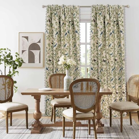Bohemian Style Curtains,Botanical Floral Pattern for Living Room Bedroom,Jacquard Fabric Fabric Light Filtering French Farm House Tassel Decoration,60"X85",Rod Pocket Design,2 Piece in Saudi Arabia