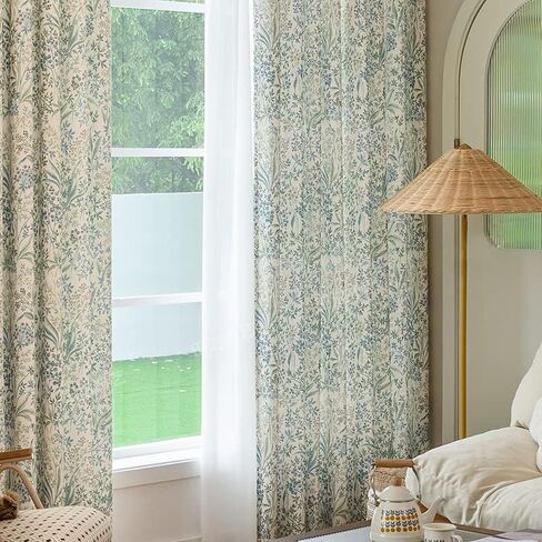 Floral Farmhouse Curtains Semi-Blackout Living Room Drapes 84 Inch Length Cotton Linen Blend Bohemian Window Curtain Panels White Bedroom Drapes, 1 Panel (Back Tab, 55" W x 84" L) in Saudi Arabia