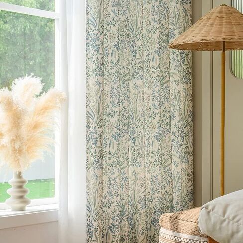 Floral Farmhouse Curtains Semi-Blackout Living Room Drapes 84 Inch Length Cotton Linen Blend Bohemian Window Curtain Panels White Bedroom Drapes, 1 Panel (Back Tab, 55" W x 84" L) in Saudi Arabia