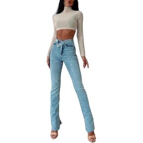 PIRAL Women's Cross Belt Jeans Dark Blue - Straight Leg - 100% Cotton - Split Hem - 34" Inseam in Saudi Arabia