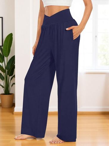 Women's Wide Leg Casual Loose Pants Yoga Sweatpants Crossover High Waisted Lounge Pajama Flow Pants with Pockets in Saudi Arabia