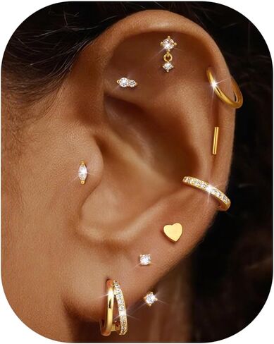 Dochais Gold Cartilage Earrings for Women Trendy Hypoallergenic Surgical Steel Hoop 14k Gold-Plated Flat Back Earings Small Stud Earring Stacks Set in Saudi Arabia