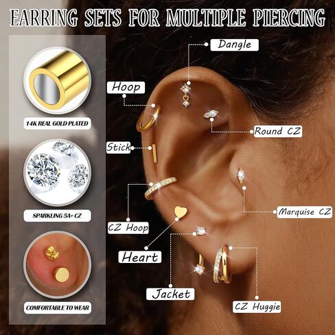 Dochais Gold Cartilage Earrings for Women Trendy Hypoallergenic Surgical Steel Hoop 14k Gold-Plated Flat Back Earings Small Stud Earring Stacks Set in Saudi Arabia