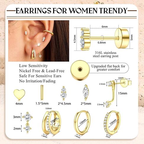 Dochais Gold Cartilage Earrings for Women Trendy Hypoallergenic Surgical Steel Hoop 14k Gold-Plated Flat Back Earings Small Stud Earring Stacks Set in Saudi Arabia