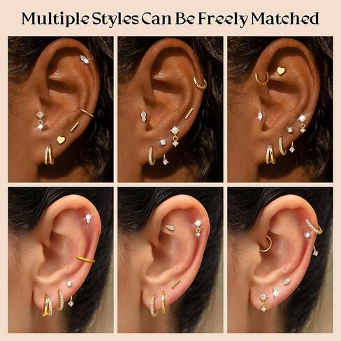 Dochais Gold Cartilage Earrings for Women Trendy Hypoallergenic Surgical Steel Hoop 14k Gold-Plated Flat Back Earings Small Stud Earring Stacks Set in Saudi Arabia