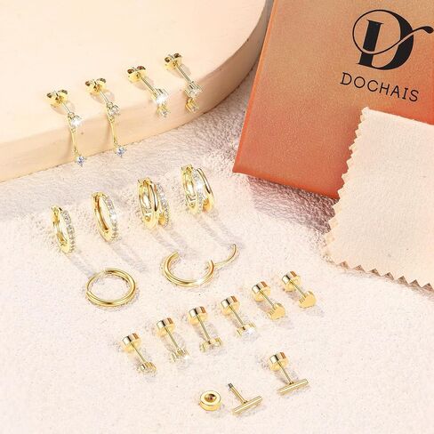 Dochais Gold Cartilage Earrings for Women Trendy Hypoallergenic Surgical Steel Hoop 14k Gold-Plated Flat Back Earings Small Stud Earring Stacks Set in Saudi Arabia
