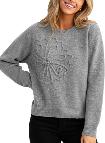 CUPSHE Women's Sweaters Soft Knit Pullover Fall Sweaters 3D Floral Long Sleeve Crewneck Ribbed Casual Top in Saudi Arabia