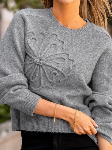 CUPSHE Women's Sweaters Soft Knit Pullover Fall Sweaters 3D Floral Long Sleeve Crewneck Ribbed Casual Top in Saudi Arabia