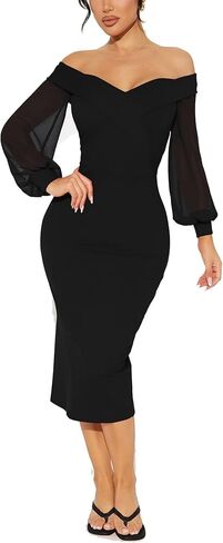 kaimimei Women Deep V Neck Bodycon Midi Dress Puff Long Sleeve Slit Party Cocktai Formal Dresses in Saudi Arabia