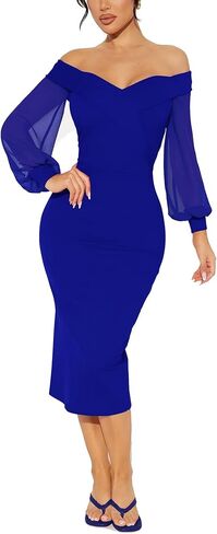 kaimimei Women Deep V Neck Bodycon Midi Dress Puff Long Sleeve Slit Party Cocktai Formal Dresses in Saudi Arabia