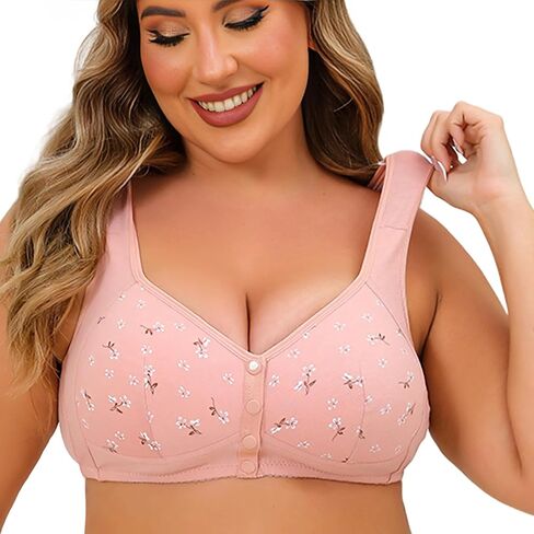 Women's Floral Print Bralette, Cotton Blend, Button Front Closure, Comfortable Wireless Support，Wide Strap Bras for Women in Saudi Arabia