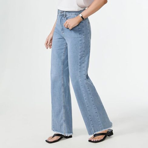 MARIASHA Women's High Waisted Wide Leg Jeans Raw Hem Zimbaplatinum Denim Relaxed Fit in Saudi Arabia
