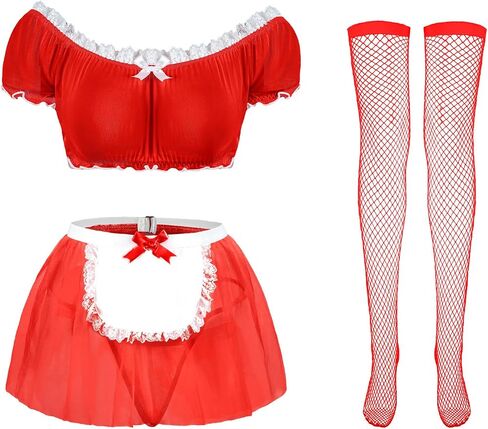 Aranmei Women's 4 Piece Maid Costume Set with Mesh Top Lace Apron Skirt and Fishnet Stockings for Halloween Cosplay Party in Saudi Arabia